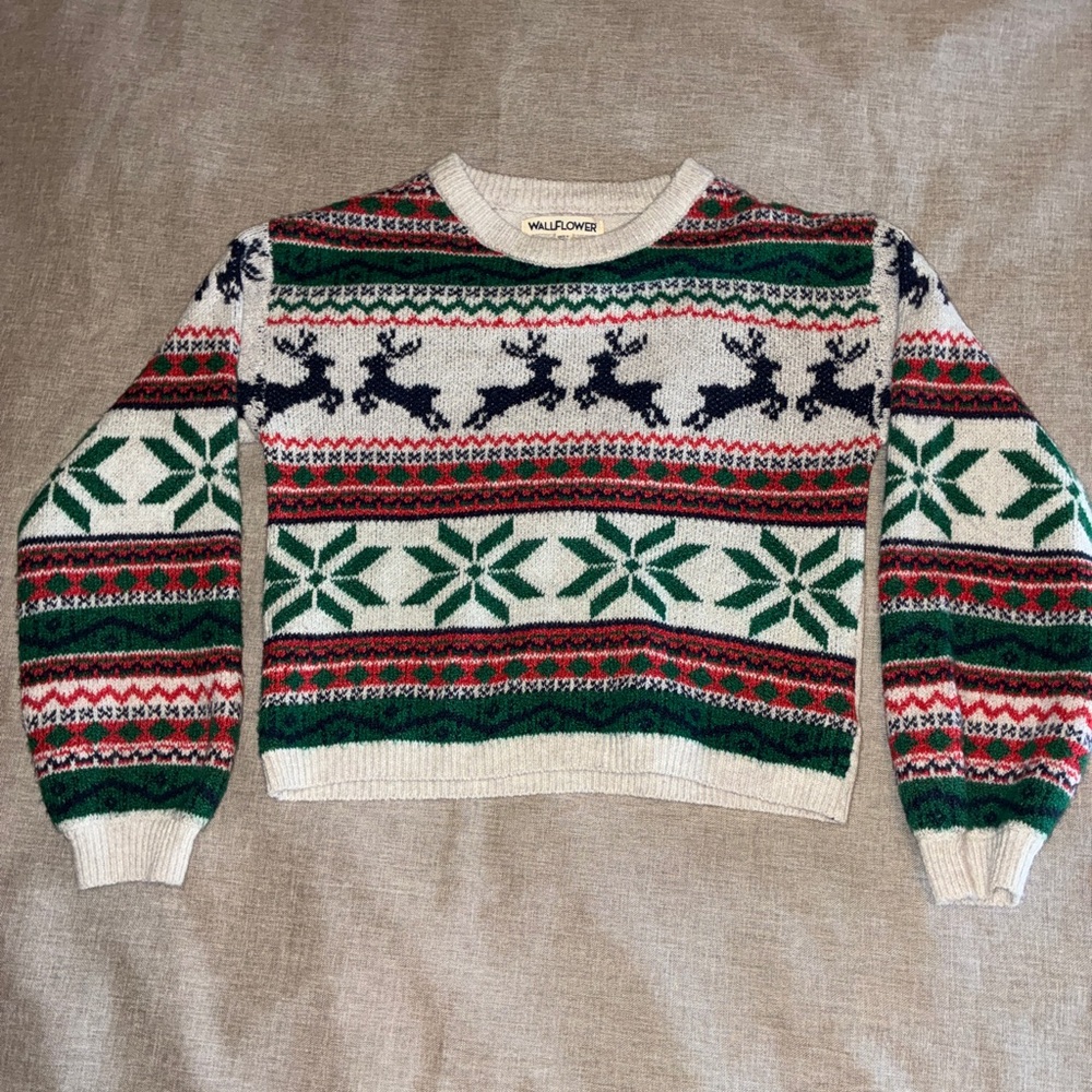 Wallflower women's Holiday Fair Isle Sweater in Green & Red